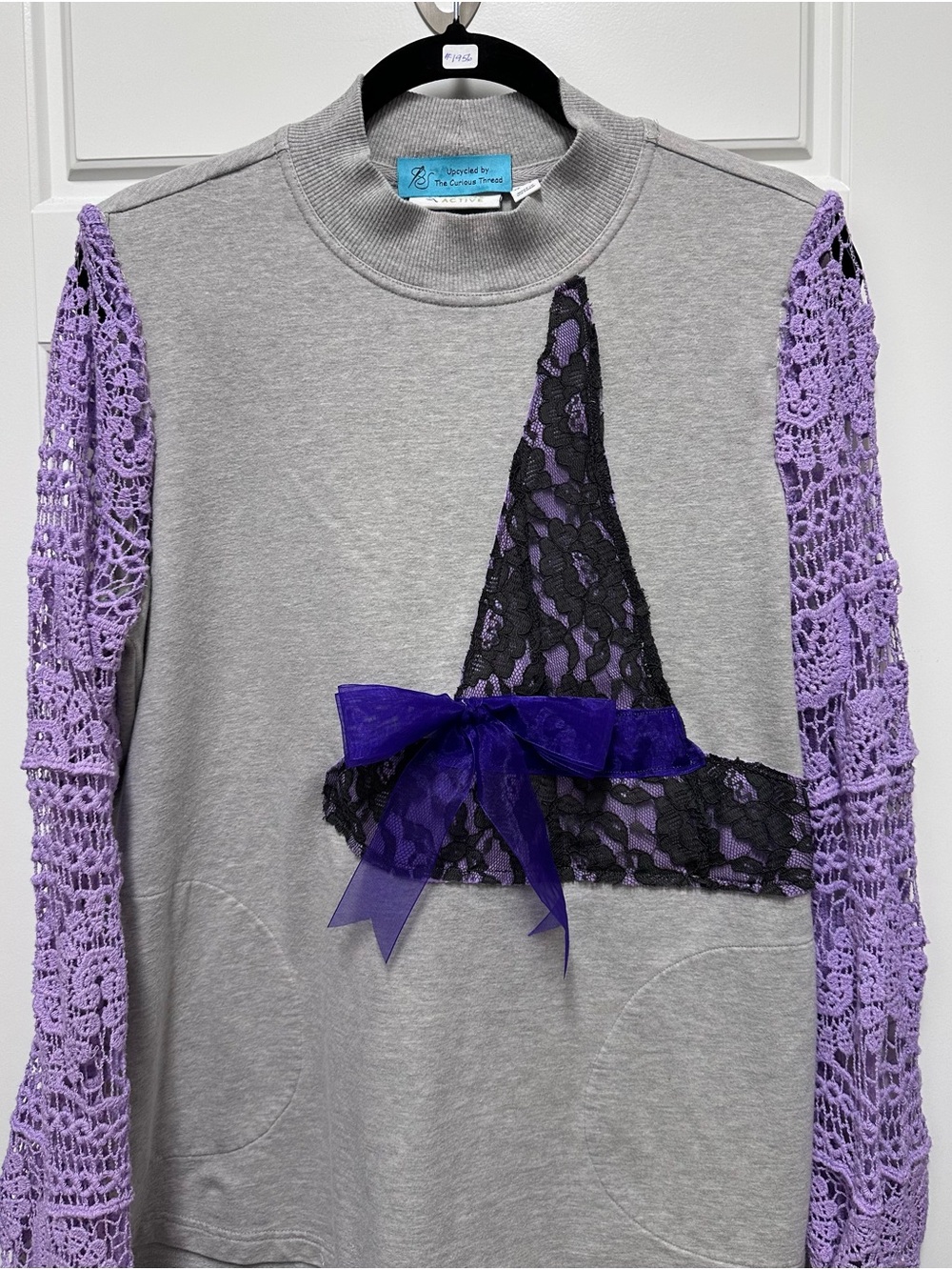 Upcycled Grey Shirt with Lace Witch Hat and Lavender Crochet Sleeves